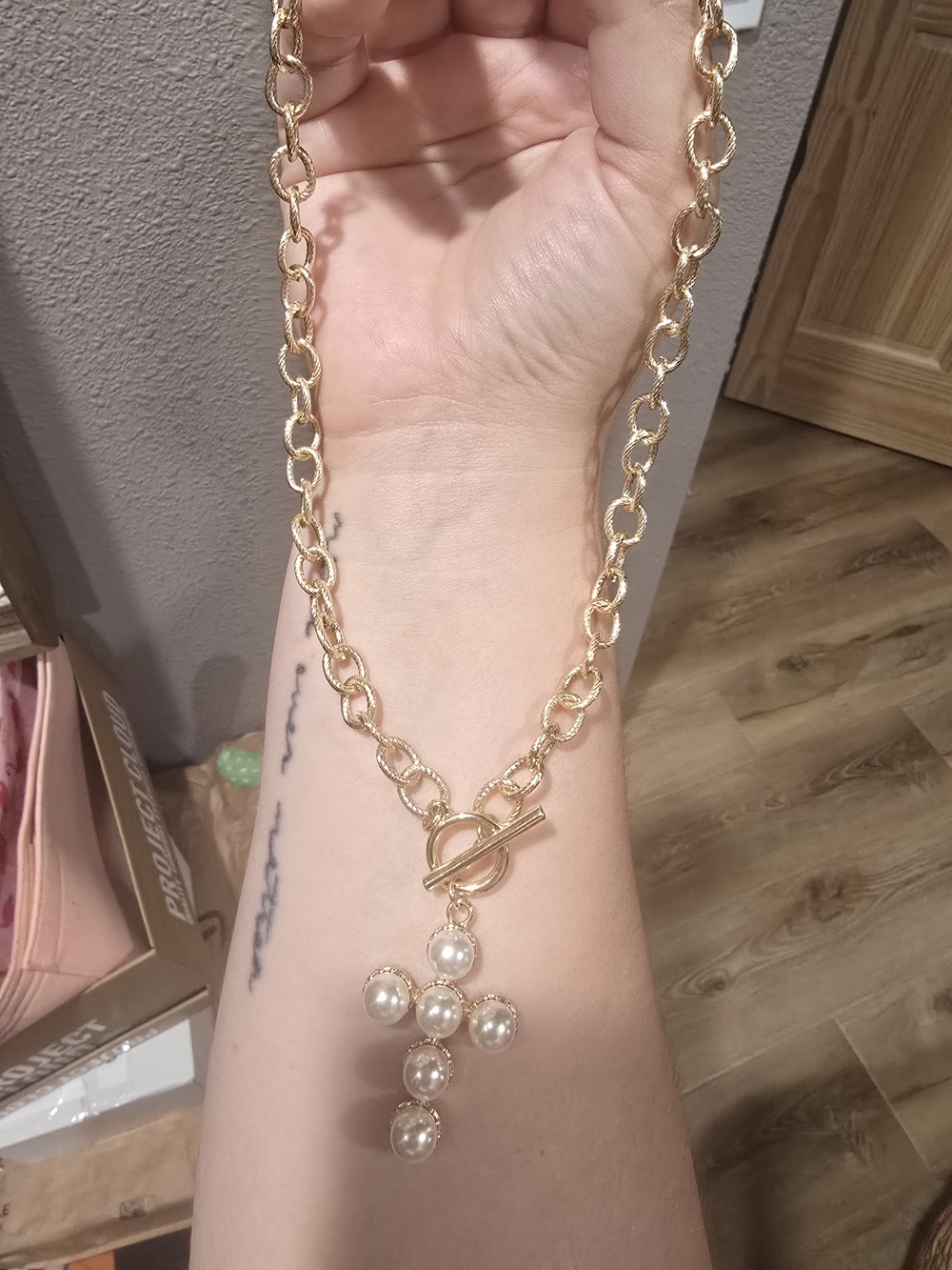 Parklane Gold-Tone Chain Necklace with Pearl Cross Pendant